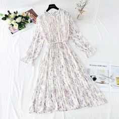 Fabric: Chiffon Style: commuting Size: s, m, l, XL, 2XL Color: yellow, purple, black, pink Casual Purple Chiffon Dress, Spring Long Sleeve Pleated Chiffon Dress, Spring Pleated Long Sleeve Chiffon Dress, Pleated Long Sleeve Chiffon Dress For Spring, Long Sleeve Pleated Chiffon Dress For Spring, Feminine Chiffon Midi Dress For Daywear, Spring Purple Fitted Chiffon Dress, Fitted Purple Chiffon Dress For Spring, Casual Midi Chiffon Dress For Fall