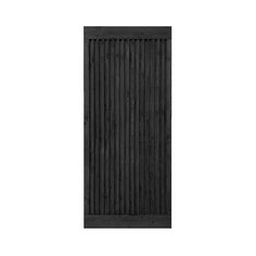 a black wooden door with vertical slats on the bottom and side panels, in front of a white background