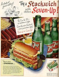 an advertisement for seven up soda with hot dogs and sandwiches