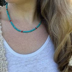 Genuine Turquoise and Coral Necklace * Genuine Turquoise Heishi - 3-4mm * Genuine Coral Heishi - 3-4mm * Sterling Silver Heishi Beads 3-4mm * Sterling Silver Plated Lobster Claw Clasp Choose your length at checkout! Extender Chain also available Red Coral Necklace: https://www.etsy.com/listing/1473201523/coral-necklace-red-coral-necklace-for To view more of my original jewelry designs, visit: https://www.etsy.com/shop/TheBeadCounter Turquoise Beaded Necklace For Gifts, Turquoise Necklace With Tiny Round Beads, Spiritual Turquoise Beaded Necklace With Spacer Beads, Artisan Tiny Turquoise Beads, Colorful Beaded Turquoise Necklace For Gift, Turquoise Necklace With Colorful Beads As Gift, Turquoise Hand-strung Beads For Gifts, Turquoise Heishi Bead Necklace Single Strand, Turquoise Heishi Beads Necklace In Single Strand