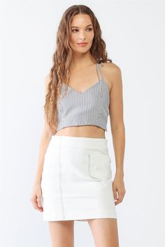 White & Black Stripe Print Sleeveless Self-Tie V-Neck Crop Top /2-2-1 Chic Cotton V-neck Halter Top, Trendy V-neck Camisole For The Beach, Chic V-neck Top With Tie Straps, Spring V-neck Top With Tie Straps, V-neck Top With Tie Straps For Spring, V-neck Tops With Tie Straps For Spring, Summer V-neck Tops With Tie Straps, Casual V-neck Top With Tie Straps, Spring V-neck Halter Top For Day Out