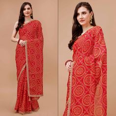 Red colored saree is prettified with beautiful bandhani printed with embroidered border work as shown which makes it appear classy. This saree is made of chiffon fabric which is accompanied with dola silk blouse piece which you can customise as per your design/style. Women can buy this saree to wear for their party and funcitons. Note:- The actual product may differ slightly in color and design from the one illustrated in the images when compared with computer or mobile scree Measurements: Saree : Chiffon : 5.5 Mtrs Blouse : Chiffon : 0.8 Mtr Material: Chiffon Stitch Type: Unstitched Country of Origin: India Care Guide: Dry Clean Printed Chiffon Saree, Saree Chiffon, Blouse Chiffon, Embroidered Border, Silk Lehenga, Chiffon Saree, Style Women, Print Chiffon, Chiffon Fabric