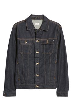 A deep-indigo wash and high-contrast topstitching define a classic denim jacket with all-season appeal. Front button closure Spread collar Long sleeves with button cuffs Chest button-flap pockets; side-seam pockets Adjustable button side tabs 98% cotton, 2% polyurethane Machine wash, tumble dry Imported Classic Denim Blue Jacket With Relaxed Fit, Classic Denim Blue Jacket In Relaxed Fit, Classic Relaxed Fit Denim Jacket In Denim Blue, Classic Relaxed Fit Denim Jacket With Buttons, Classic Relaxed Fit Denim Jacket, Casual Dark Wash Denim Jacket With Button Cuffs, Cotton Denim Jacket With Button Closure In Dark Wash, Classic Cotton Denim Jacket With Snap Buttons, Classic Cotton Denim Jacket With Buttons