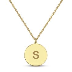 Express yourself with this simple yet stunning necklace, which features a disc customized with your initial. Styled in 10K yellow gold, the pendant sways from an 18-inch rope chain that secures with a spring ring clasp. Initial Disc Necklace, Disc Necklace, Accessories Jewelry Necklace, Stunning Necklace, Rope Chain, Spring Rings, Initials, Jewelry Accessories, Jewelry Necklaces