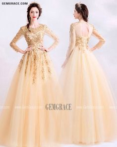 Long Sleeve Ball Gown For Wedding And Prom Season, Wedding Ball Gown With Long Sleeves For Prom Season, Champagne Long Sleeve Gown With Sweep Train, Long Sleeve Tulle Ball Gown For Wedding, Long Sleeve Lace Gown For Prom Season, Long Sleeve Ball Gown For Debutante Ball, Long Sleeve Ball Gown With Sweep Train For Banquet, Long Sleeve Tulle Ball Gown For Prom, Long Sleeve Tulle Ball Gown With Sweep Train