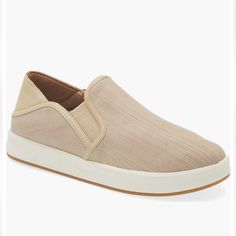 Olukai Ki‘ihele Women’s Slip-On Sneakers New Without Tags Or Box Size 7.5 Beige Leather Upper Slip-ons With Rubber Sole, White Textile Slip-ons With Round Toe, Spring Beige Slip-on Sneakers With Rubber Sole, Beige Low-top Walking Shoes With Removable Insole, Beige Slip-on Sneakers For Everyday, Beige Slip-on Sneakers With Ortholite Insole, Beige Slip-on Walking Shoes With Removable Insole, Beige Synthetic Slip-ons With Textured Sole, Casual Slip-on Walking Shoes Medium Width