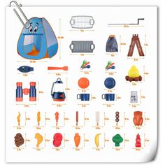 a poster with different types of objects on it's sides and an image of a cartoon