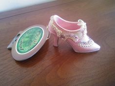 "Vintage Pink High Heel Shoe ornament.  Unused.  Approximately 3 1/2\" long x 2 1/4\" high." Pink High Heel Shoes, Shoe Ornaments, Vintage Shoe, Christmas Pink, Pink High Heels, Pink Shoes, Pink Christmas, Vintage Shoes, Vintage Pink