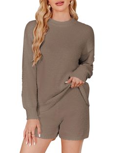 PRICES MAY VARY. Material: Comfy ACRYLIC. High Quality Fabric Knit sweater and shorts set. Skin-friendly and breathable, stretch and fuzzy, Super Soft and comfotable to wear Features: Fuzzy sherpa knit sweater and elastic high waist shorts, long sleeve 2 piece sleepwear sets, casual fleece loungewear, winter warm street outfit for women, ribbed crew neckline,cuffs,hem. perfect for cold days of the fall and winter. This two-piece sleepwear sets has a relaxed fit and soft elastic waist short desig Fleece Loungewear, Loungewear Winter, Nice Breakfast, 2 Piece Sweater, Warm Knit Sweater, Loungewear Outfit, Womens Loungewear Sets, Loungewear Outfits, Short Loungewear