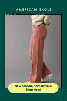 Corduroy with a hint of stretch/Zip fly with button closure/5-pocket styling/This pant is Real Good: Made with the planet in mind & a promise to continue to do better. American Eagle Corduroy Pants, Corduroy Pants Outfit, Dark Brown Pants, White Jeans Men, Light Pink Sweaters, Athletic Fit Jeans, Fall Pants, Pink Jeans, Curvy Jeans