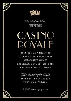 the casino royale party is set up with black and gold lettering, including dices