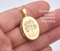 A large gold plated sterling silver oval photo locket,custom engraved gold Locket,remembrance locket,Memory locket,mother anniversary gift,birthday gift,keepsake gift Keeping your loved ones and memorable moments close to your heart, this custom engraved silver/gold/rose gold photo locket necklace has: 1. One shining, highly polished (1 micron) gold plated sterling silver oval locket (measuring 27 x 20 mm, 5mm thick, 5.0 grams).  Both sides come plain, ready to be engraved with initials, important dates, greeting words, bible verses, or simple graphics (limited to b/w, line drawing type) 2. Two photo slots are available. Photo insertion service can be selected through the pulldown menu (notice the price difference at $14 per photo). If you choose this service, please send your locket photo Gold Memorial Locket Necklace With Round Pendant, Gold Round Pendant Locket Necklace For Memorial, Gold Round Locket Necklace For Personalized Gift, Gold Oval Locket Necklace As A Gift, Gold Oval Pendant Locket Necklace Gift, Gold Oval Locket Necklace For Anniversary, Gold Oval Pendant Locket Necklace For Keepsake, Memorial Gold Jewelry With Birth Flower, Gold Birth Flower Jewelry For Memorial