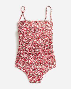 Ruched bandeau one-piece swimsuit in Liberty® Eliza's Red fabric Modest Swimming Suits, Hair Wrap Scarf, Swimming Suits, Jumpsuit And Blazer, Bandeau One Piece Swimsuit, Modest Swimsuits, Swimwear Dress, Sneaker Dress Shoes, Summer Swim Suits