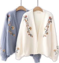 Knitted Cardigan Sweater, Women Embroidery, Embroidery Floral, Knitted Cardigan, Blue Ivory, Knit Sweater Cardigan, Floral Embroidery, Front Open, Cardigan Sweater