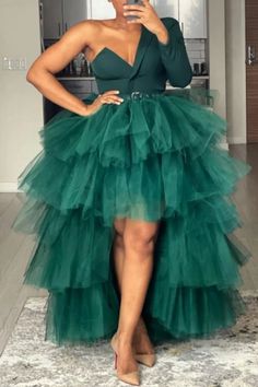 Olivia Mark - Wedding Guest Favorite Flowy Maxi Dress with Unique Neckline Guys In Skirts, Y2k Fall Outfits, Green Evening Gowns, Ruffled Gown, High Low Gown, Tulle Maxi Dress, 21st Dresses, Flowy Maxi Dress, Irregular Hem