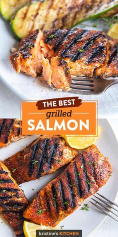 grilled salmon on a plate with lemon wedges