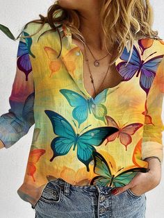 Women's Shirt, Fashionable Casual Butterfly Printed Shirt Top Multicolor Boho  Long Sleeve Woven Fabric Animal,Tropical,Plants,All Over Print Shirt Non-Stretch  Women Clothing, size features are:Bust: ,Length: ,Sleeve Length: Multicolor Shirt With Casual Collar And Buttons, Multicolor V-neck Shirt With Buttons, Shirt Blouses Women's, 60 Fashion, Casual Long Sleeve Shirts, Button Front Shirt, Butterfly Print, Women Clothing, Long Sleeve Shirt