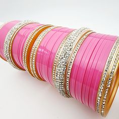 Gurjit Bridal Bangle Set Indian Bangles , South Asian Bangles , Pakistani Bangles , Desi Bangles , Punjabi Bangles , Tamil Bangles , Indian Jewelry Pink Gold Bangle Jewelry For Party, Pink Hand Set Bangle As A Gift, Pink Sparkling Stones Jewelry For Wedding, Pink Gold Bangle For Wedding, Pink Rhinestone Wedding Jewelry, Pink Gold Bangle For Party, Pink Diamond Wedding Bracelets, Pink Round Jewelry With Stone Work, Elegant Pink Jeweled Bracelets