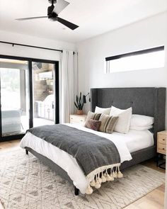 a bedroom with a large bed and sliding glass doors leading to an outside patio area