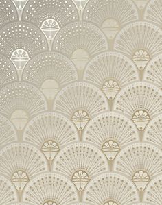 an art deco wallpaper design with fan shapes in pink and beige colors on a white background