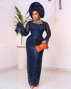 Maxi Navy Blue Lace Dress for Women, African Wedding Attires for Women, Asoebi Dress With Autogele for Wedding Guests and Asoebi - Etsy Asoebi Dress, Lace Asoebi Styles, Asoebi Lace Styles, Lace Styles For Wedding, Wedding Attire For Women, Nigerian Lace Dress, Lace Dress For Women, Aso Ebi Lace, Aso Ebi Lace Styles