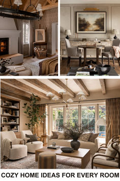 four different rooms with couches, chairs and tables in them are featured for an article on cozy home ideas for every room