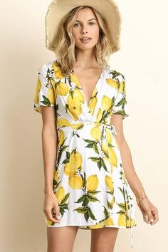 olive + pepper 'penny' lemon print wrap dress $56 White Sundress, Fruit Print, Printed Wrap Dresses, Lulu Dresses, Mini Dress With Sleeves, V Neck Dress