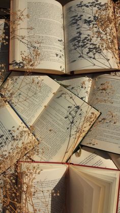 an open book sitting on top of a pile of books with dried plants growing out of it