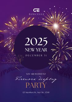 the new year's eve party flyer with fireworks in the sky and purple background