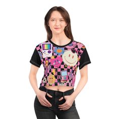 This personalized crop top has both comfort and style in spades. Add whimsical patterns, feel-good designs and create a unique AOP crop tee that's perfect for everyday wear. Made 100% with silky soft polyester that is both lightweight and breathable. .: 100% polyester .: Light fabric (6 oz/yd² (203 g/m .: Sewn-in care label .: Assembled in the USA from globally sourced parts Black Y2k Cropped T-shirt For Spring, Trendy Pink Crop Top For Streetwear, Y2k Cartoon Print Tops For Streetwear, Y2k Tops With Sublimation Print For Spring, 90s Inspired Black Graphic Print Top, 90s Inspired Black Top With Graphic Print, Y2k Crew Neck Cropped T-shirt For Streetwear, Trendy Pink Cropped T-shirt For Streetwear, Y2k Multicolor Tops For Streetwear