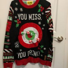 The Men's Drinking Game Ugly Christmas Sweater Isn't Just Fun For The Person Wearing It, It's Fun For The Whole Party! It Comes With Five Velcro Balls That Will Stick To The Sweater When Thrown. It Also Comes With The Rules On The Back Of The Sweater For The Tipsy Elves Drinking Game. Nwot Elf Drinking Game, Men Christmas Outfit, Ugly Christmas Sweater Ideas, Elf Man, Elf Sweater, Mens Ugly Christmas Sweater, Sweater Ideas, Tipsy Elves, Drinking Game