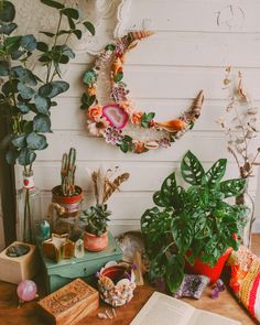 a table topped with lots of plants and books