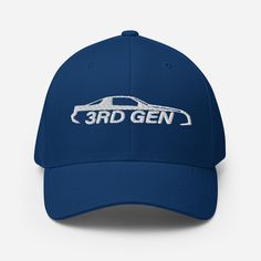 a blue hat with the word 3rd gen on it and a car in white letters