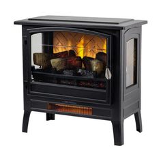 an electric stove with the door open and logs burning in it's side burner