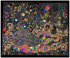 an abstract painting with lots of different colors and shapes in black framed art print by person