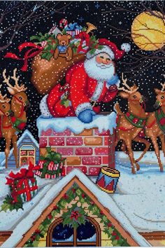 a cross stitch christmas scene with santa and his reindeers on top of a chimney