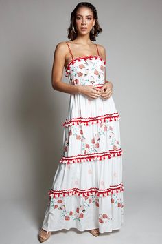 Floral Embroidered Sleeveless Floral Print Maxi Dress Sleeveless Floral Embroidered Maxi Dress For Garden Party, Casual Summer Maxi Dress With Embroidered Hem, Casual Summer Maxi Dress With Tassel Ties, Spring Sleeveless Dress With Embroidered Hem, Spring Sleeveless Dresses With Tassels, Spring Embroidered Maxi Dress, Cotton Maxi Sundress With Floral Embroidery, Embroidered Summer Maxi Dress For Spring, Cotton Sundress With Floral Embroidery