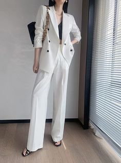 Cherry Double Berasted Blazer & Flare Pant Suit Set | Vivian Seven Tailored Two-piece Formal Sets, Elegant Two-piece Spring Suits, White Double Breasted Long Sleeve Suit For Office, White Long Sleeve Double Breasted Suit For Work, Solid Color Office Sets For Spring, White Double-breasted Suit With Lapel Collar For Office, Elegant Fall Set With High-waisted Pants, Spring Tailored Two-piece Sets, Tailored Two-piece Sets For Spring