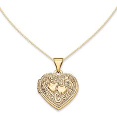 Vintage-inspired and so elegant, this heart locket pendant is certain to win hers. Fashioned in warm 14K gold, this heart-shaped locket is topped with a pattern of sculpted scrolls surrounding a duo of hearts nestled side-by-side at the center. The locket opens to reveal space for a pair of small photos or mementos. A look she'll love and appreciate, this locket is polished to a brilliant shine and suspends freely along an 18.0-inch rope chain that secures with a spring-ring clasp. Locket Necklace Vintage, Horizontal Bar Necklace, Gold Heart Locket, Gold Locket Necklace, Peoples Jewellers, Gold Locket, Cluster Necklace, Gold Diamond Necklace, Bezel Set Diamond