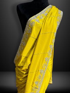 yellow saree crepe silk handwork zarkan border designer wedding party wear, comes with pre stitched blouse Wedding Party Wear, Yellow Saree, Party Kleidung, Designer Wedding, Wedding Designs, Party Wear, Wedding Party, Art Collection, Bathing Beauties