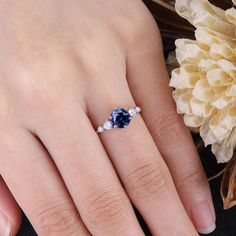 Art Deco Round Sapphire Engagement Ring Vintage Blue Gemstone | Etsy Gold Sapphire Engagement Ring Vintage, Wedding Jewelry With Halo Setting In Tanzanite, Tanzanite Halo Setting Jewelry For Weddings, Round Sapphire Jewelry For Proposal, Wedding Jewelry With Tanzanite Center Stone, Blue Solitaire Lab-created Sapphire Rings, Blue Cubic Zirconia Round Band For Wedding, Sapphire Jewelry For Proposal, Blue Sapphire Ring With Halo Setting For Wedding