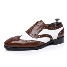 #Color_Brown White Lace-up Formal Dress Shoes, Elegant White Wingtip Lace-up Shoes, Wedding Lace-up Shoes With Brogue Detailing And Round Toe, Classic Lace-up Dress Shoes For Wedding, White Pointed Toe Oxfords For Business, White Lace-up Dress Shoes For Semi-formal Occasions, White Oxford Dress Shoes For Semi-formal Occasions, Fitted White Leather Shoes With Brogue Detailing, White Pointed Toe Leather Shoes For Semi-formal Occasions