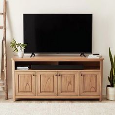 a flat screen tv sitting on top of a wooden cabinet next to a potted plant