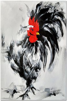 a painting of a rooster in black and white