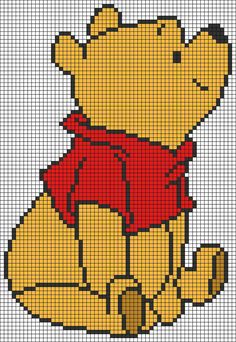 a cross stitch winnie the pooh with a red scarf on it's neck