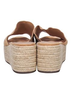 Make a splash in these Schutz "Thalia" espadrilles! Put your best foot forward with the beach-ready tan color and platform design. You'll be stylishly set for a day of sun and sand with your swimwear, sunglasses, and tote in hand! Size 8 Suede upper Espadrille woven platform Rubber sole Slide on Platform heel 3" Toe to heel 9.5" Platform Espadrille Slip-on Sandals, Beach Straw Wedge Sandals With Cork-bed Midsoles, Casual Espadrille Wedge Slip-on Sandals, Comfortable Platform Espadrilles For The Beach, Summer Natural Espadrilles For Beach Season, Natural Color Summer Espadrilles For Beach Season, Summer Espadrille Wedge Sandals With Textured Sole, Summer Wedge Sandals With Rubber Sole And Round Toe, Casual Summer Wedge Sandals With Rubber Sole