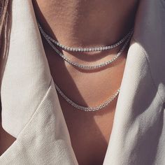 A minimal and forever look . . . . . #jewelry #tennisnecklace #diamondstennisnecklace #oval #ovalnecklace #capucelli #reels #tiktok #rings #madewithlove #bracelets #jewels #jewelryaddict #glam #stack #yellowgold #diamonds #nyc Dainty Diamond Necklace, Diamond Tennis Necklace, Necklace Craft, White Gold Necklaces, Moissanite Jewelry, Neck Chain, Gold Necklace Women, Tennis Necklace, Simple Necklace