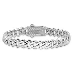 Rhodium over sterling silver Monaco link chain bracelet with cubic zirconia stones and polished finish. Measures approximately 7 1/2"L x 5/16"W. Completes with box catch clasp. Silver Diamond Chain Bracelet With Pave Setting, Formal Silver Chain Bracelet With Pave Setting, Silver Chain Bracelet With Pave Setting, Luxury Silver Chain Bracelet With Pave Setting, Luxury Sterling Silver Chain Bracelet With Diamond Accents, Silver Link Diamond Bracelet, Silver Link Diamond Bracelet Fine Jewelry, Fine Jewelry Silver Diamond Link Bracelet, Elegant White Gold Cuban Link Bracelet With Diamond Accents