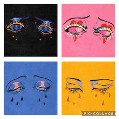 four different colored images of eyes with tears and tears on their faces, one in the middle