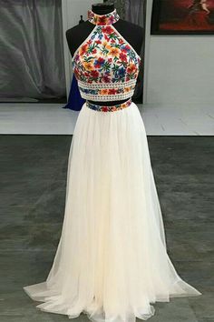 SR1192,Fashion Halter Tulle Two Piece Prom Dress with Embroidery,Sexy Long Prom Dresses on Storenvy Vestido Charro, White Prom Dress Long, Sweet 16 Dress, 16 Dress, Prom Dresses Two Piece, Mexican Dresses, Piece Prom Dress, Prom Dresses Online, Sweet 16 Dresses